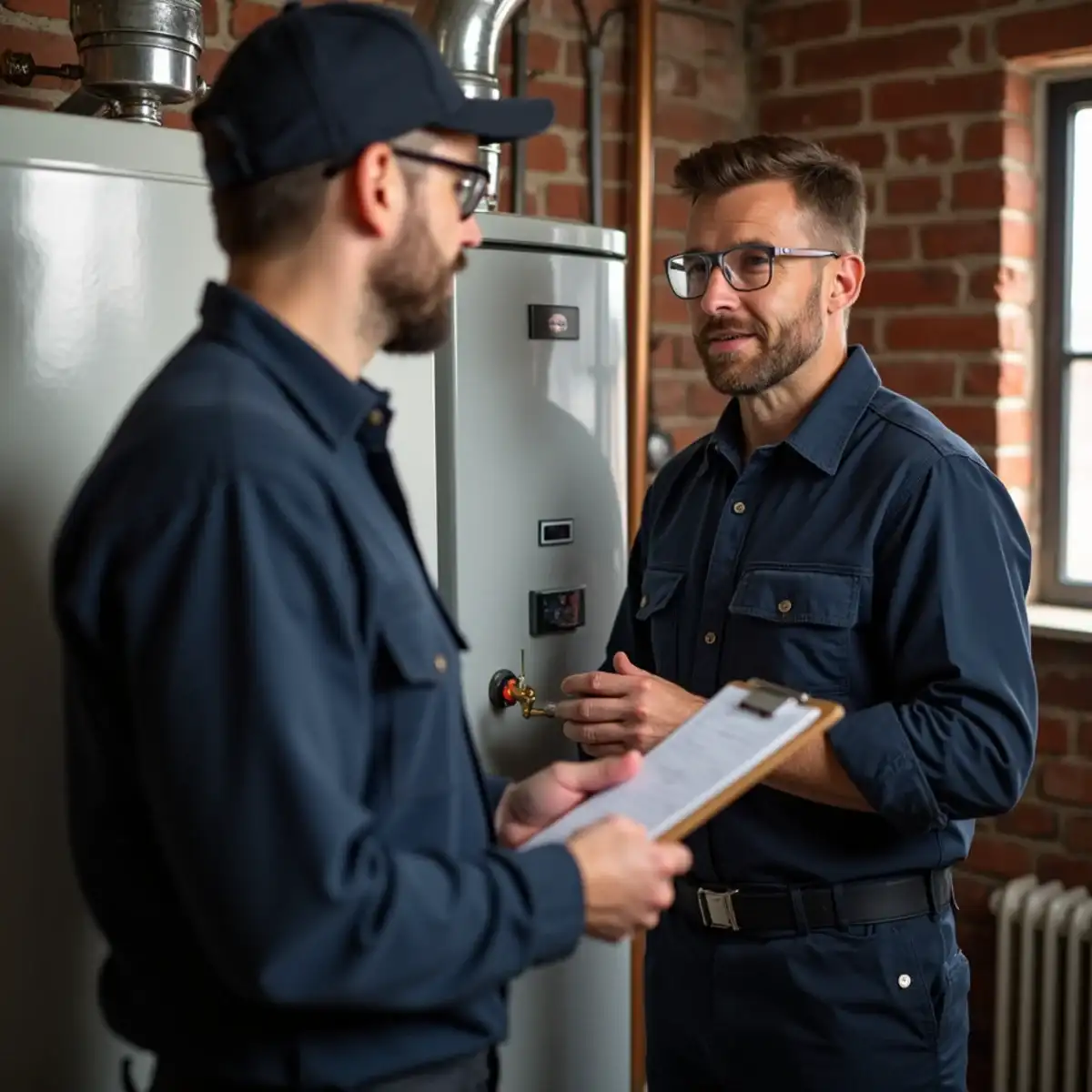 Boiler technician going over a repair checklist beside a hot-water boiler in a Pittsburgh basement
