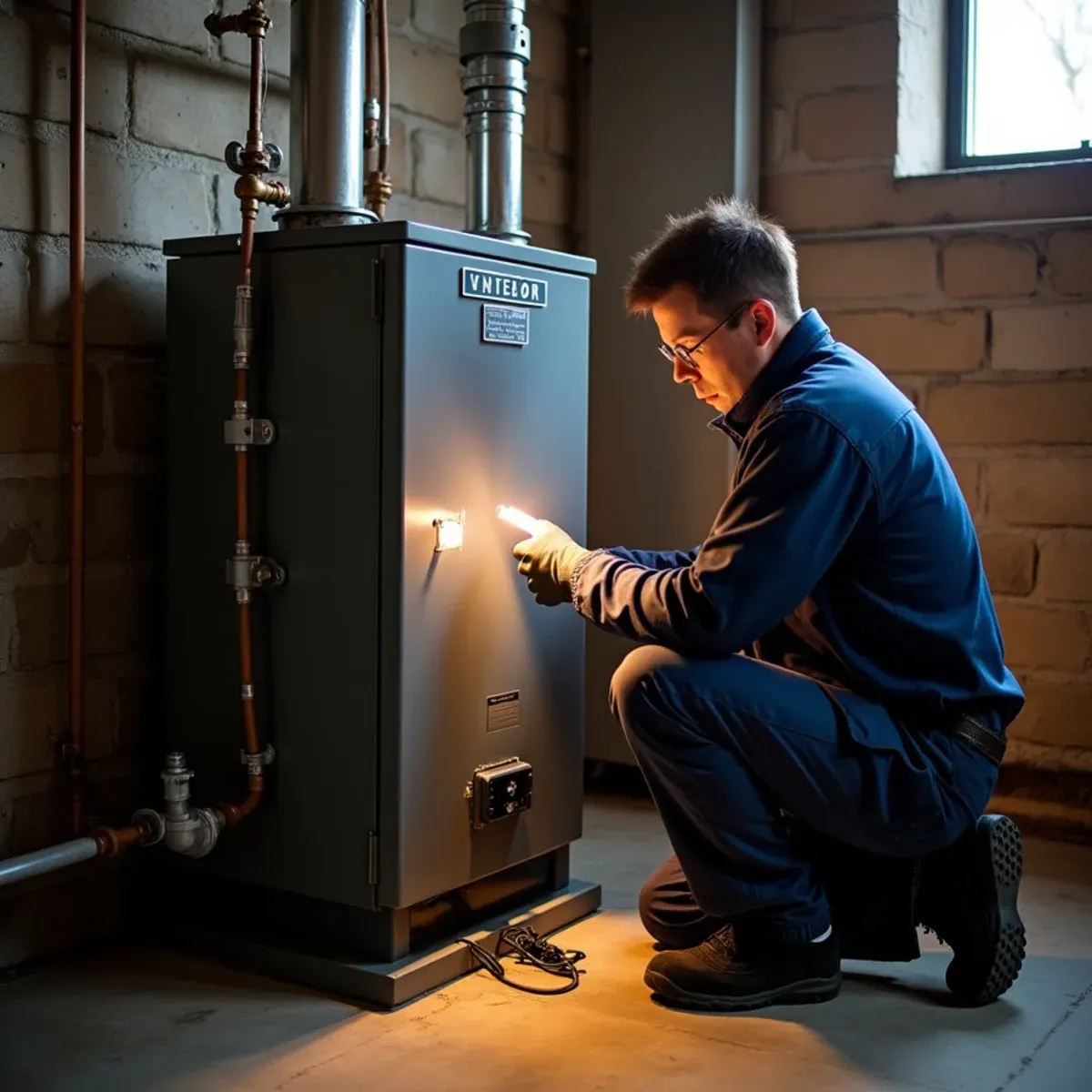 Technician inspecting a gas boiler with a flashlight during annual boiler service in a Pittsburgh basement