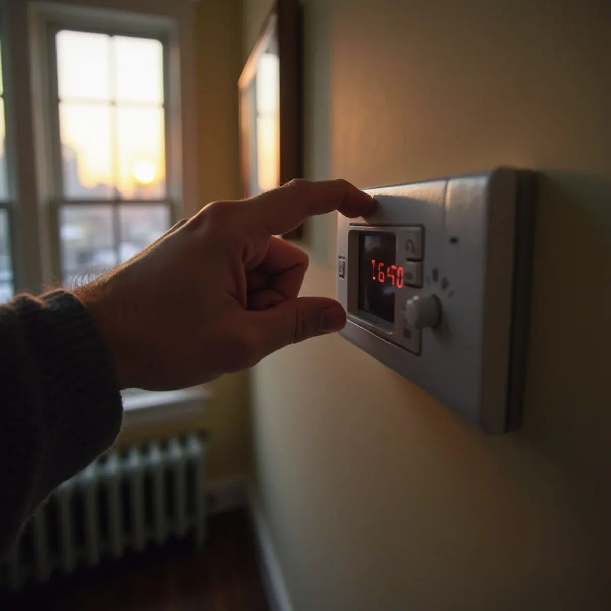 Homeowner checking a thermostat set to heat in a Pittsburgh living room with cast iron radiators