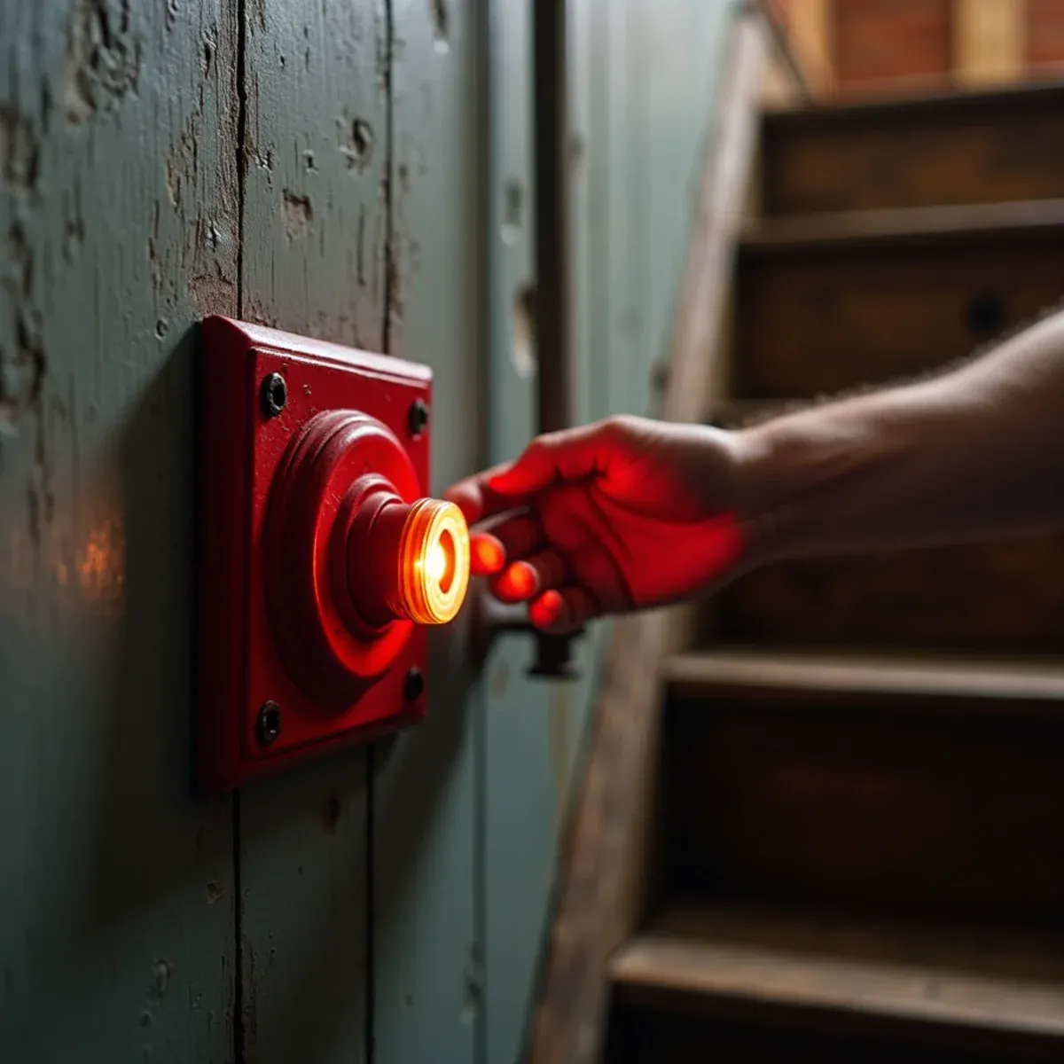 Red-plate boiler emergency switch at the top of basement stairs in a Pittsburgh home