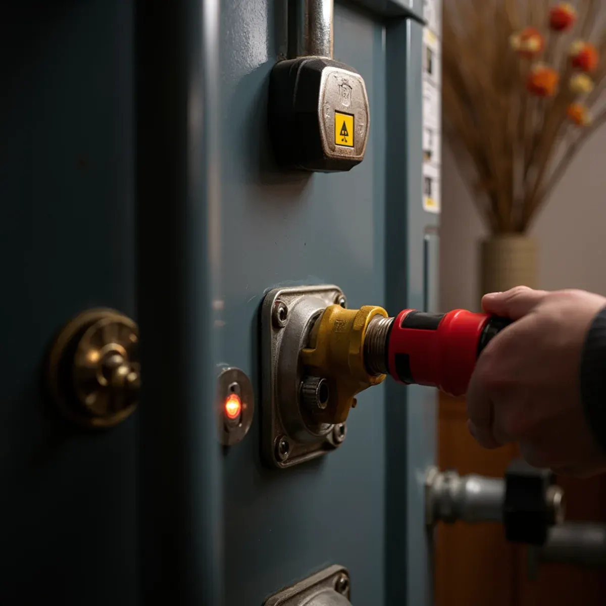 Close view of a residential boiler gas valve and a lit lockout indicator on the control board