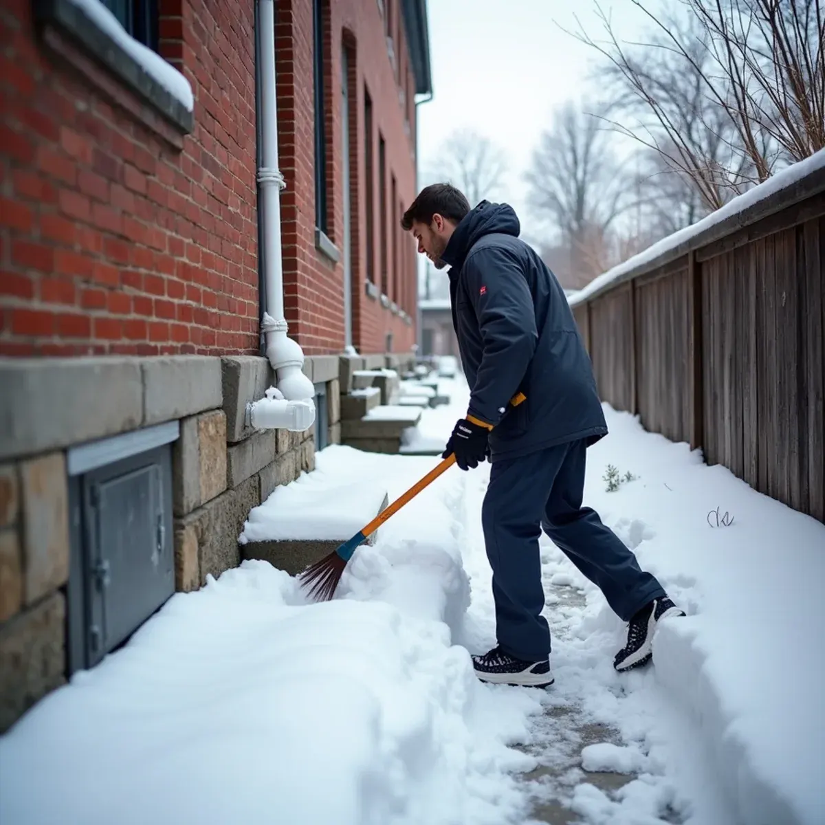 Homeowner clearing snow from a high-efficiency boiler intake and exhaust vent on a Pittsburgh house