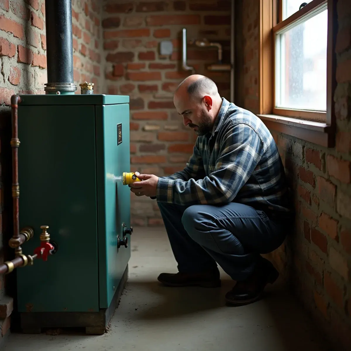 Homeowner checking the gas valve on a boiler that is not firing in a Pittsburgh basement