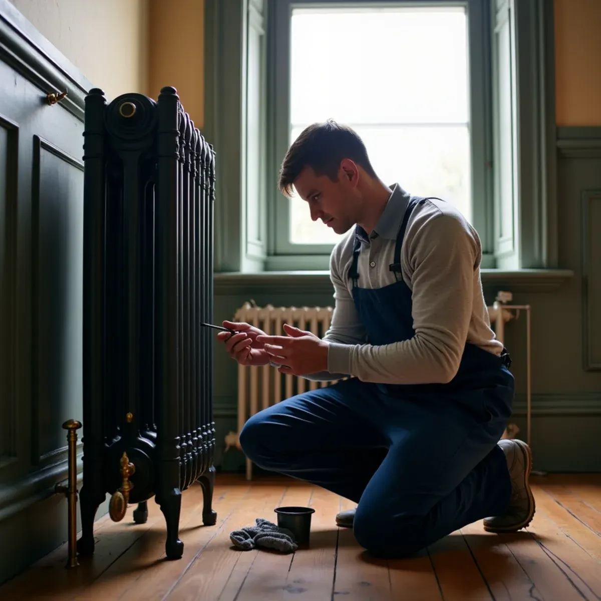 Technician working on a tall cast iron radiator that stays cold in an older Pittsburgh home