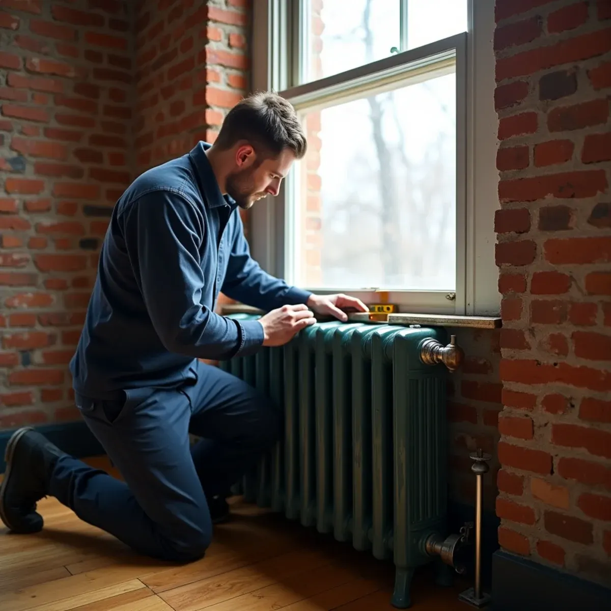 Technician checking the pitch of a one-pipe steam radiator with a level in a Dormont home
