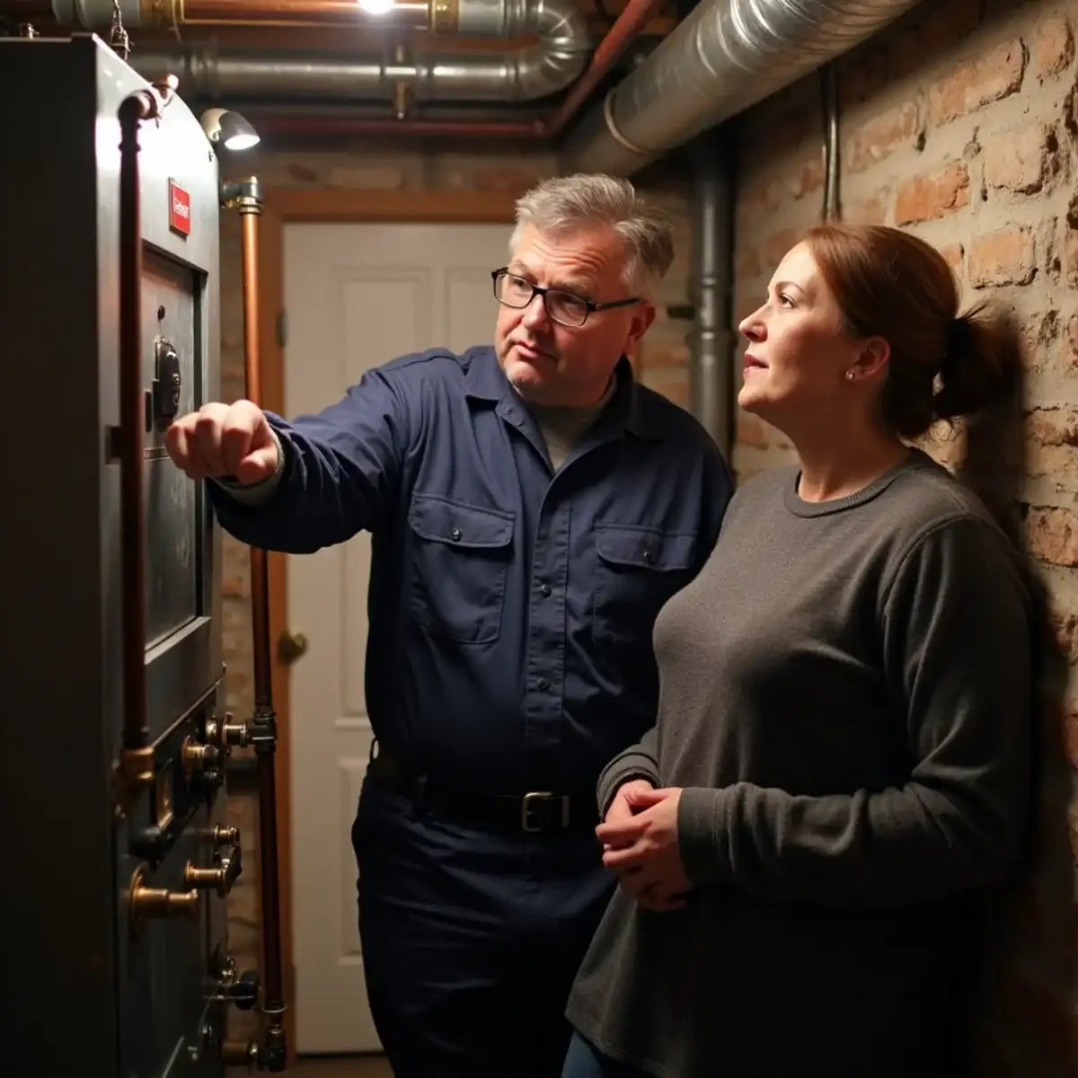 Boiler technician explaining a steam boiler to a homeowner in an older Pittsburgh basement