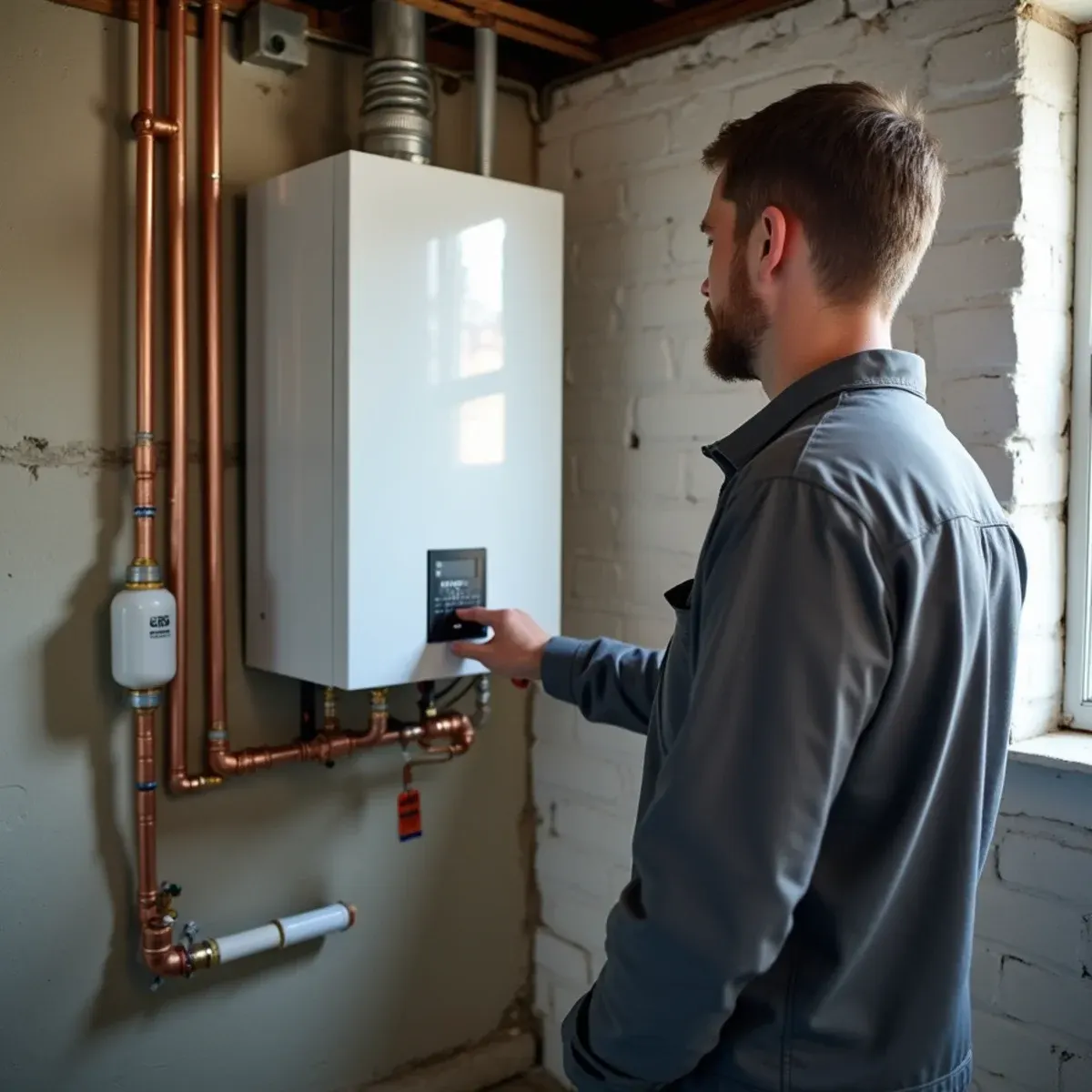 Technician setting up a wall-hung high-efficiency condensing boiler in a Pittsburgh basement