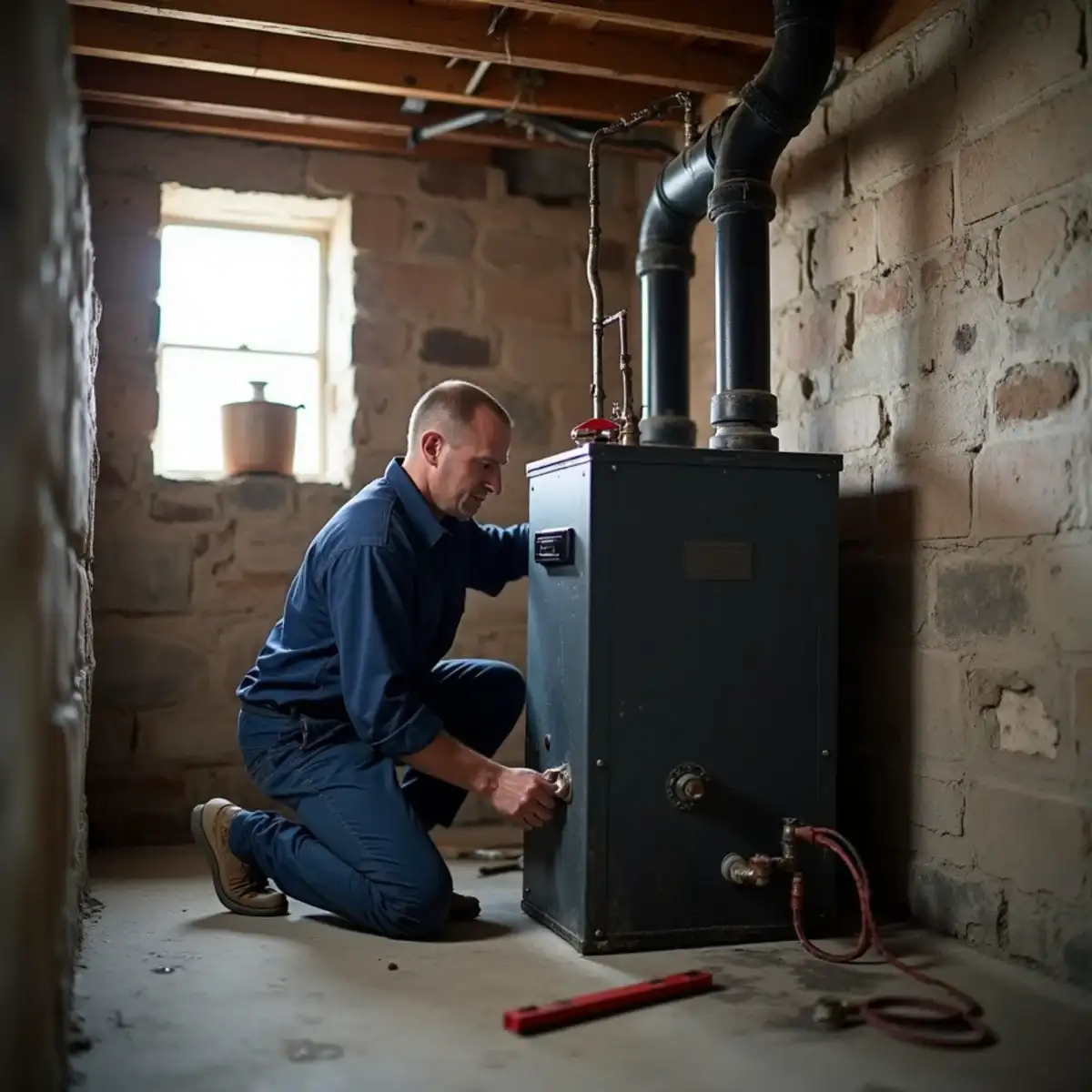 Technician installing a new cast iron boiler in the basement of an older Pittsburgh home