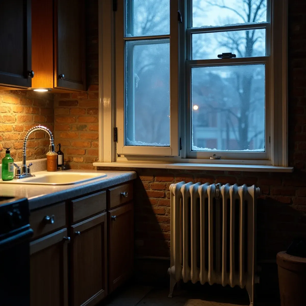 Kitchen sink and cast iron radiator on an outside wall of a Pittsburgh brick home on a freezing night