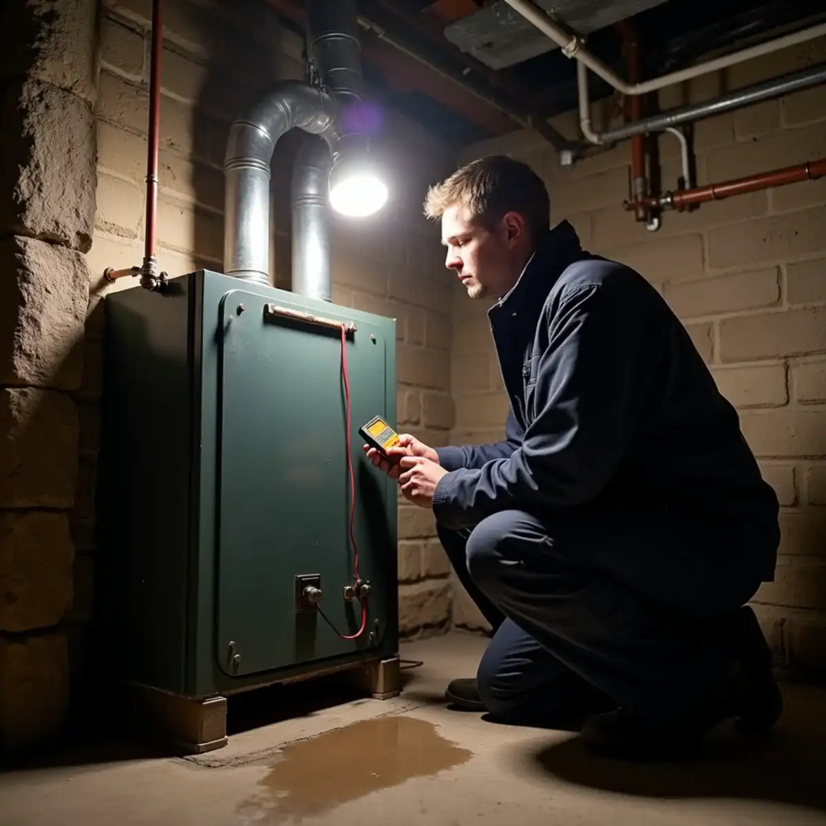 Technician with a work light diagnosing a boiler at night in a Pittsburgh basement