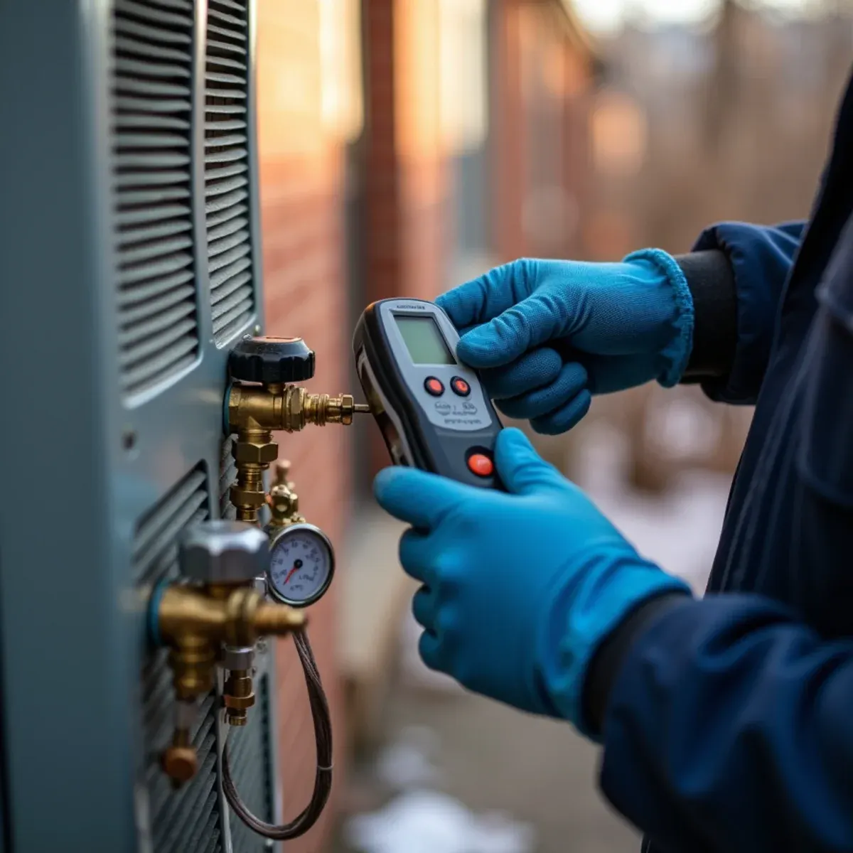 Technician using an electronic leak detector on heat pump line set connections at a Pittsburgh home