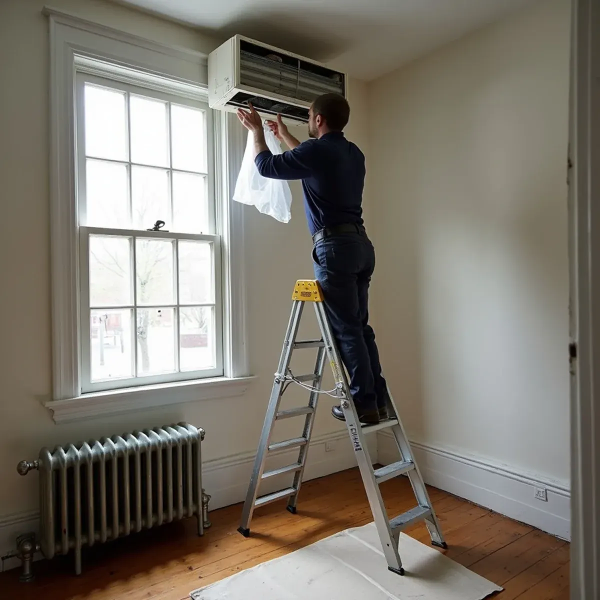 Technician cleaning the coil of a ductless mini-split indoor head in a Pittsburgh rowhouse bedroom