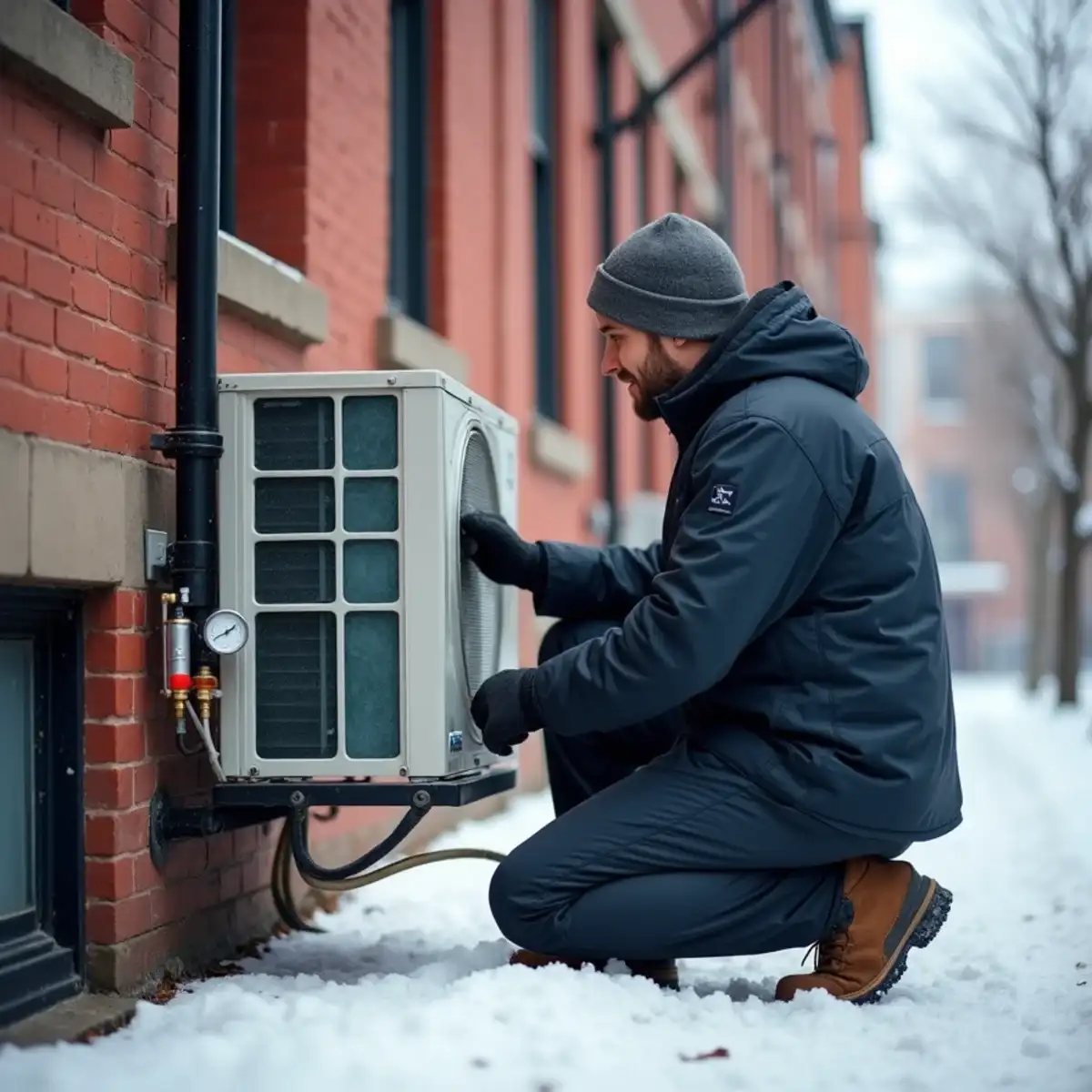 Technician checking a ductless heat pump outdoor unit beside a brick rowhouse in Pittsburgh