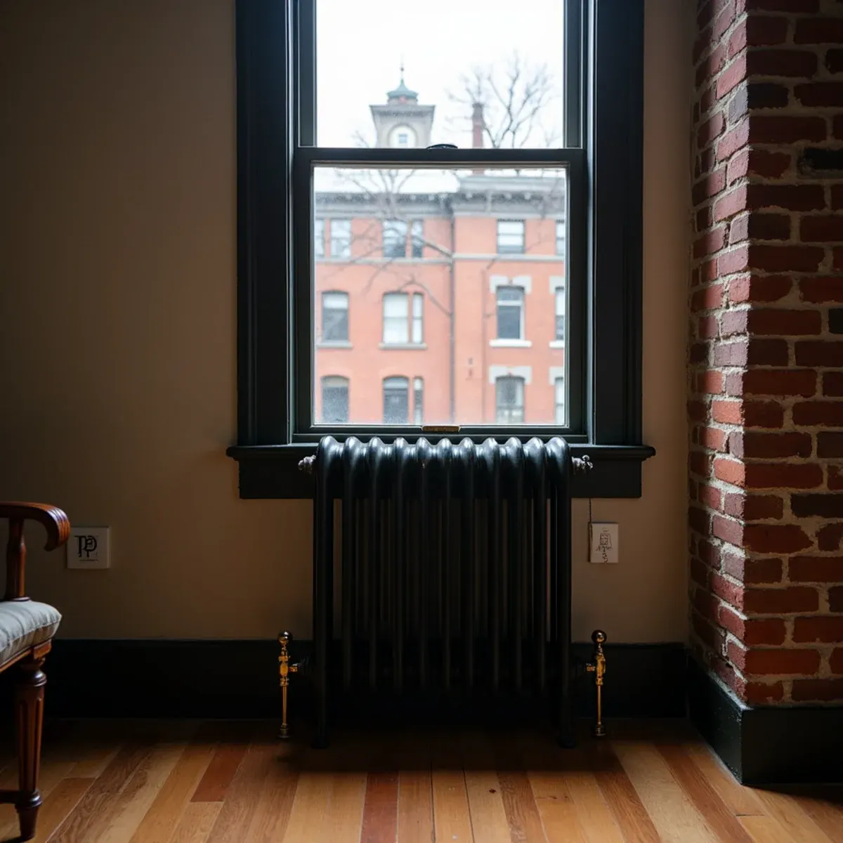 Painted cast iron radiator under a window in a pre-war Pittsburgh rowhouse