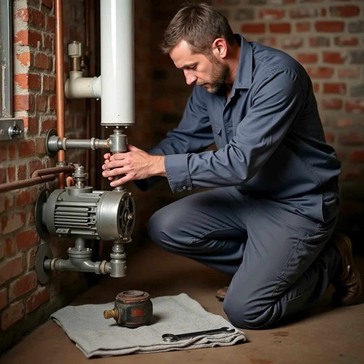 Technician replacing a circulator pump on a hot water boiler in a Pittsburgh home