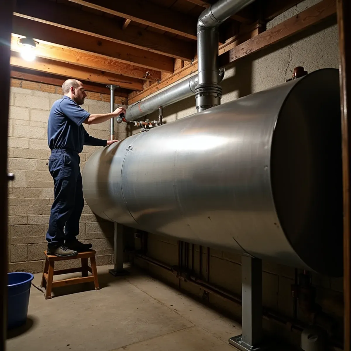 Technician checking a large old steel compression tank piped to a hot water boiler in a Pittsburgh basement