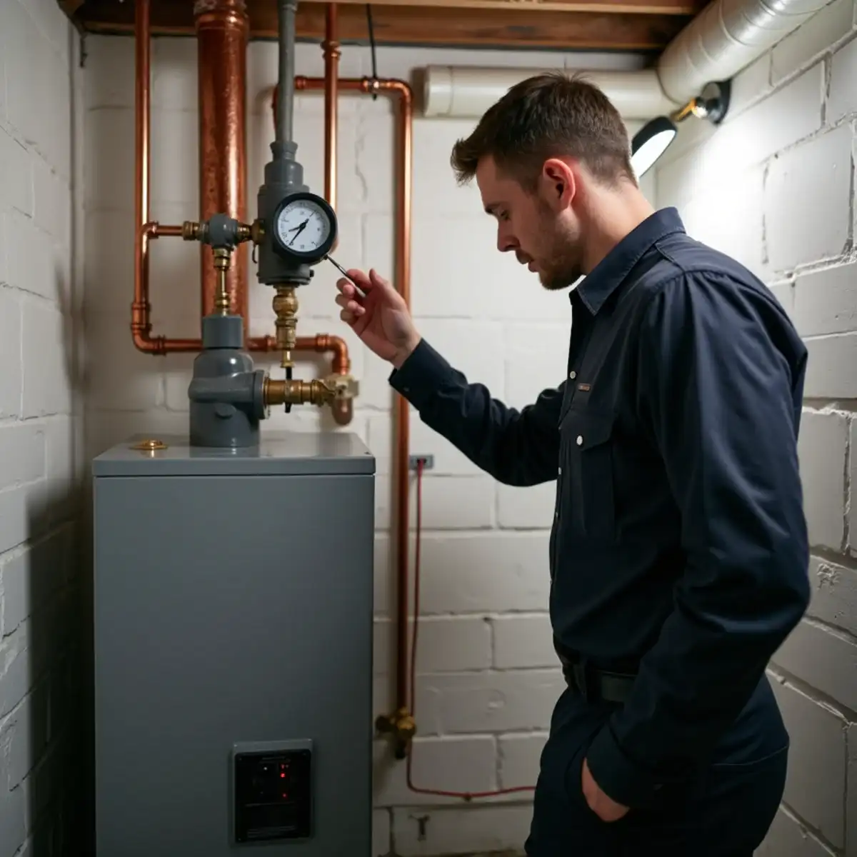 Technician checking the pressure and temperature gauge on a hot water boiler in a Pittsburgh basement