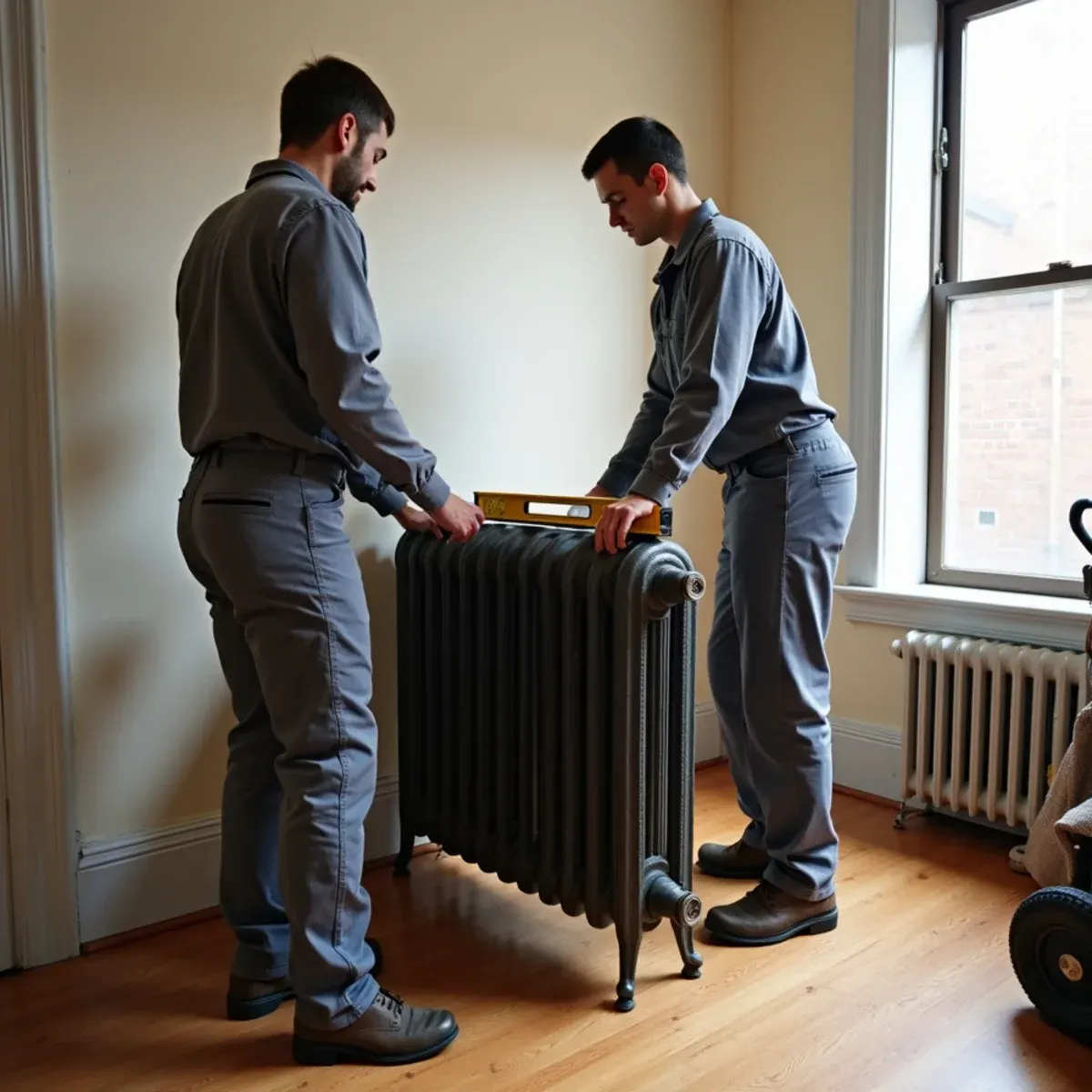 Two technicians resetting a cast iron radiator with a level during a renovation near Pittsburgh