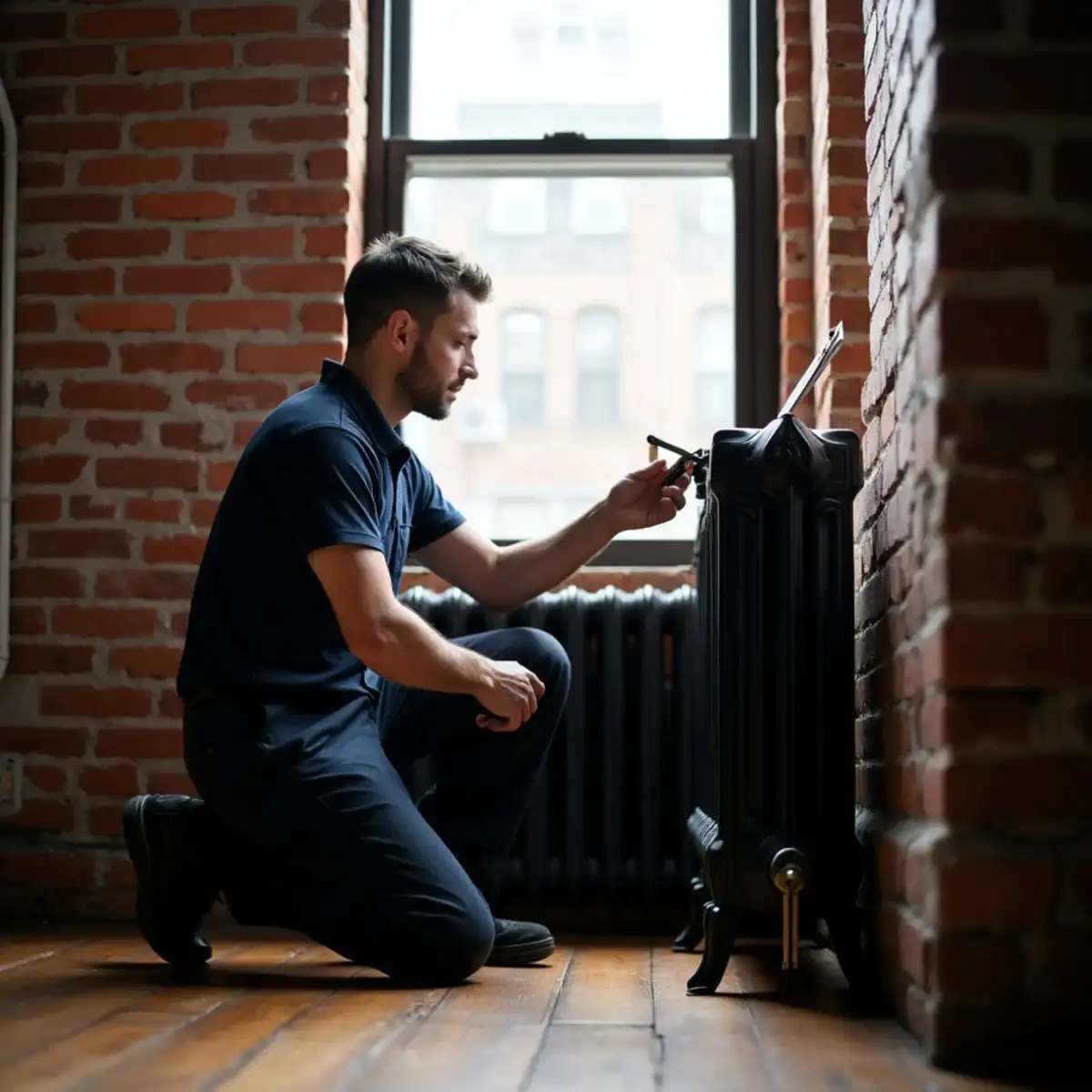 Technician checking a cast iron steam radiator under a window in a Pittsburgh rowhouse
