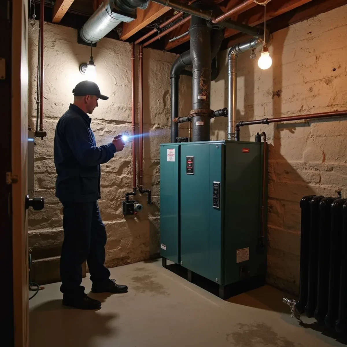 Technician inspecting the near-boiler piping where a newer steam boiler meets century-old pipes in a Bellevue basement