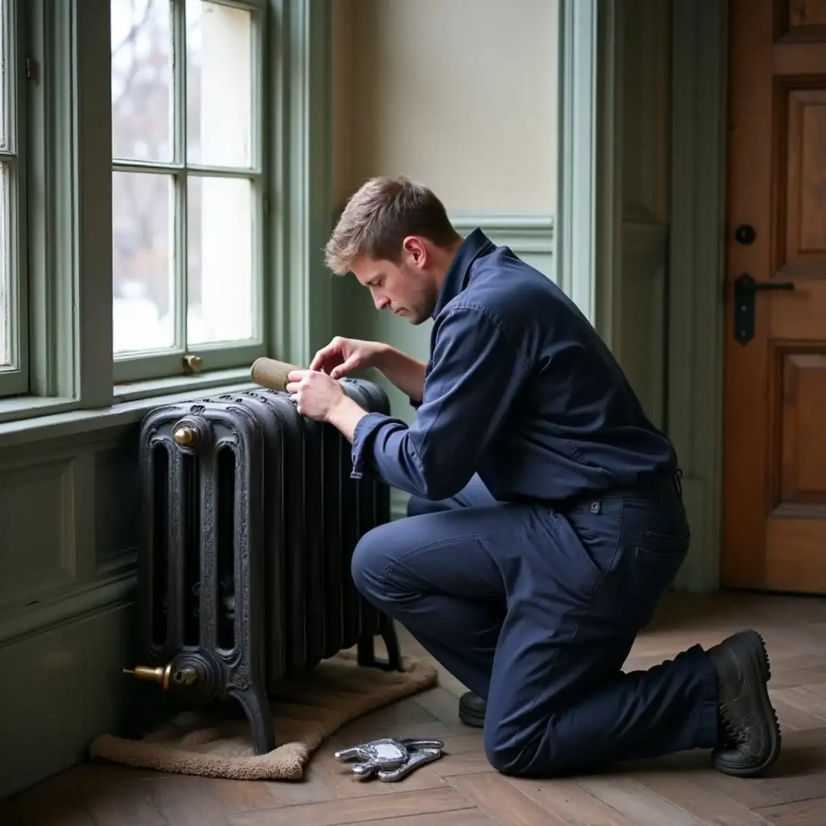 Technician replacing the air vent on an ornate cast iron steam radiator in a Victorian home in Bellevue, PA