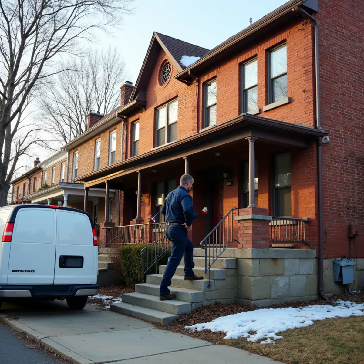 Brick duplexes with covered front porches in Brentwood, PA, homes heated by hot-water boilers