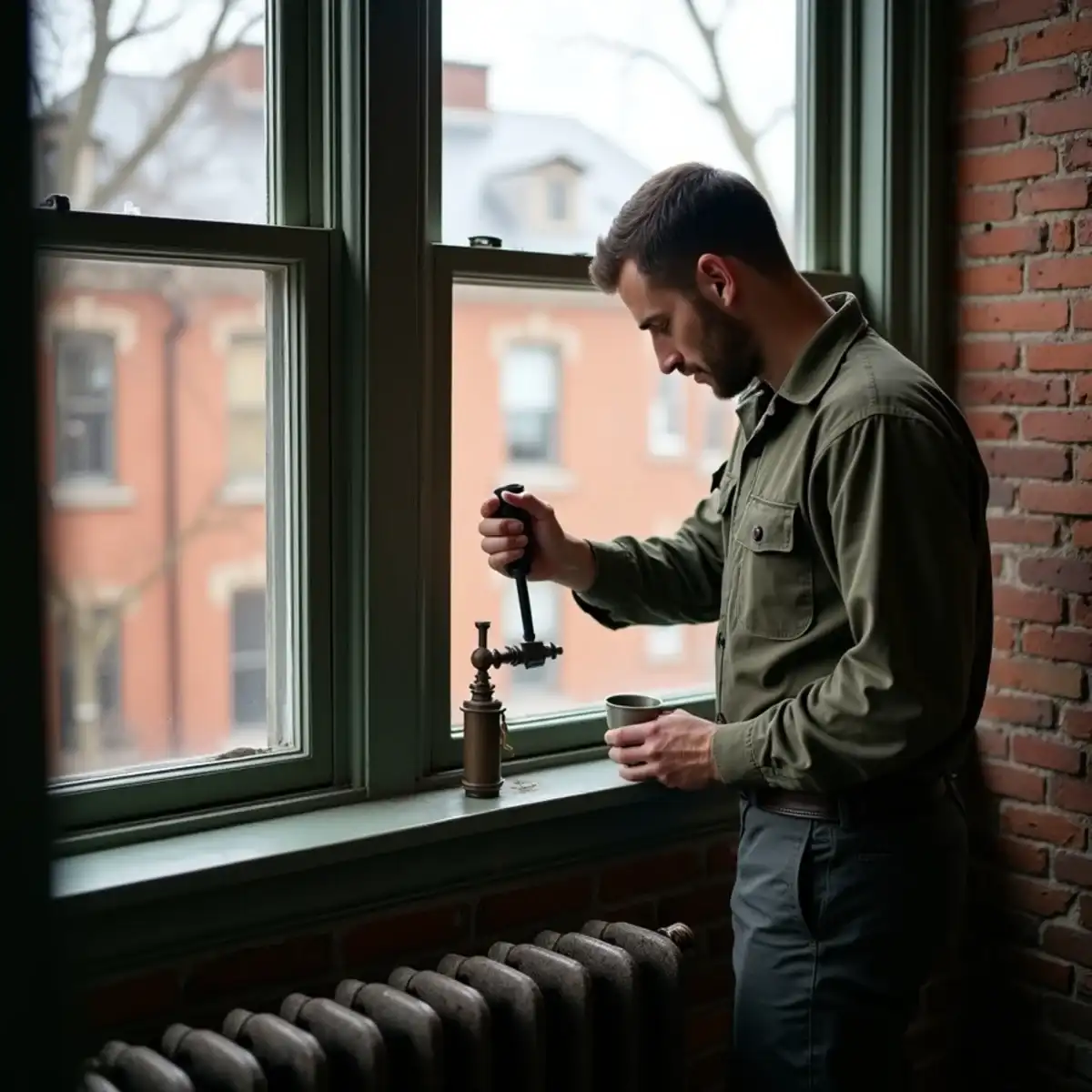 Technician working on a hot-water radiator valve beside a window in a brick home in Brentwood, PA