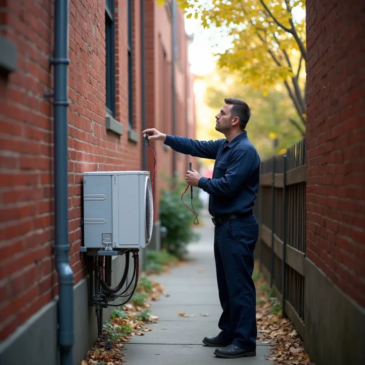 Ductless mini-split outdoor unit in the narrow side yard between two brick duplexes in Dormont