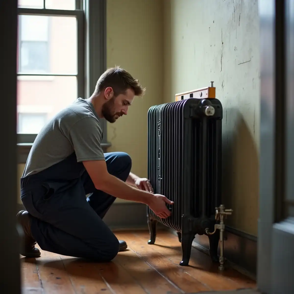 Technician adjusting a one-pipe steam radiator in the front room of a brick home in Dormont, PA