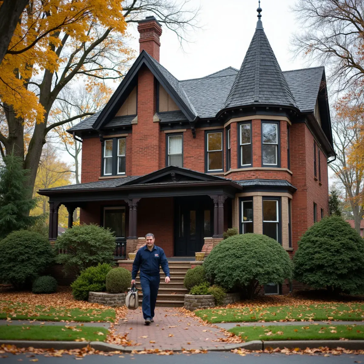 Brick Victorian-era house with a corner turret on a tree-lined Mt. Lebanon street, the kind of home still heated by a boiler and radiators
