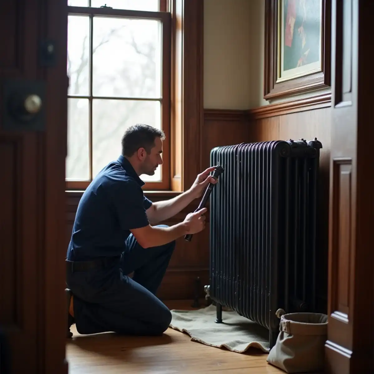 Technician adjusting a cast iron radiator valve in a wood-trimmed living room of an older Mt. Lebanon, PA home