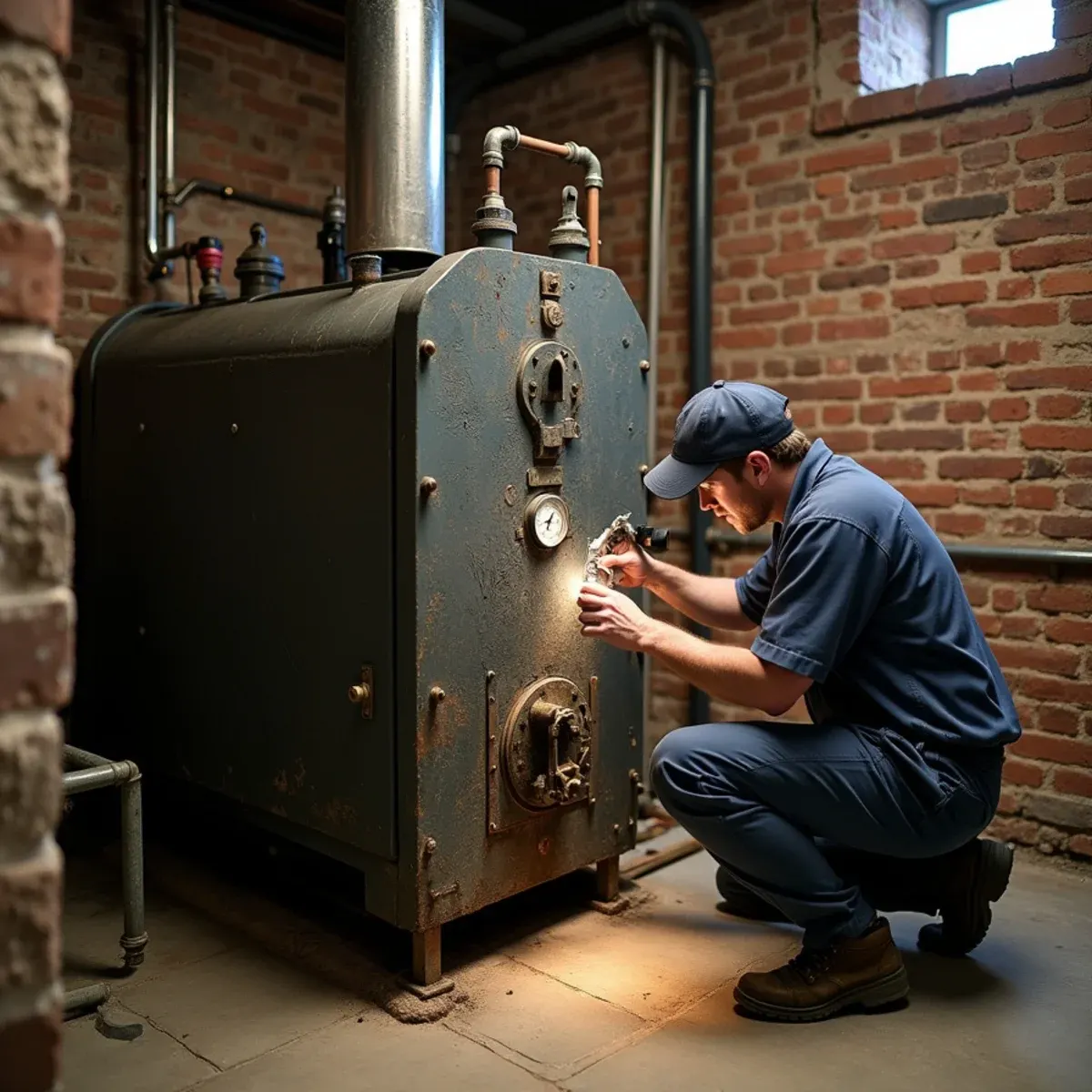 Technician inspecting the sections of an old cast iron boiler in a Munhall basement