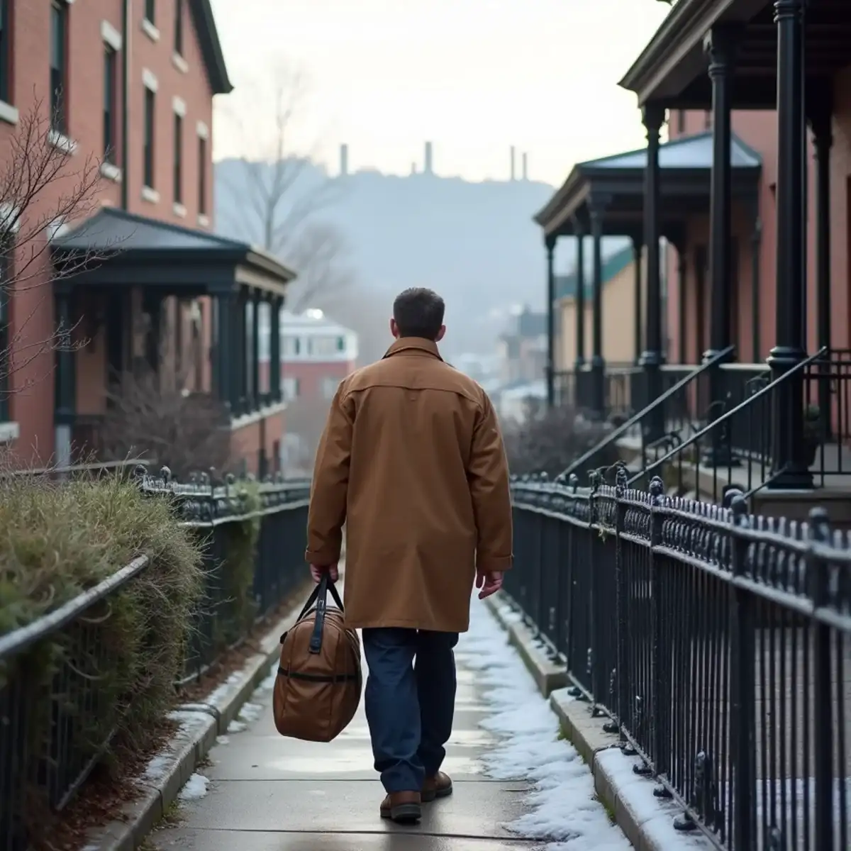 Technician with a tool bag walking past porches and iron railings on a winter morning in Munhall, PA