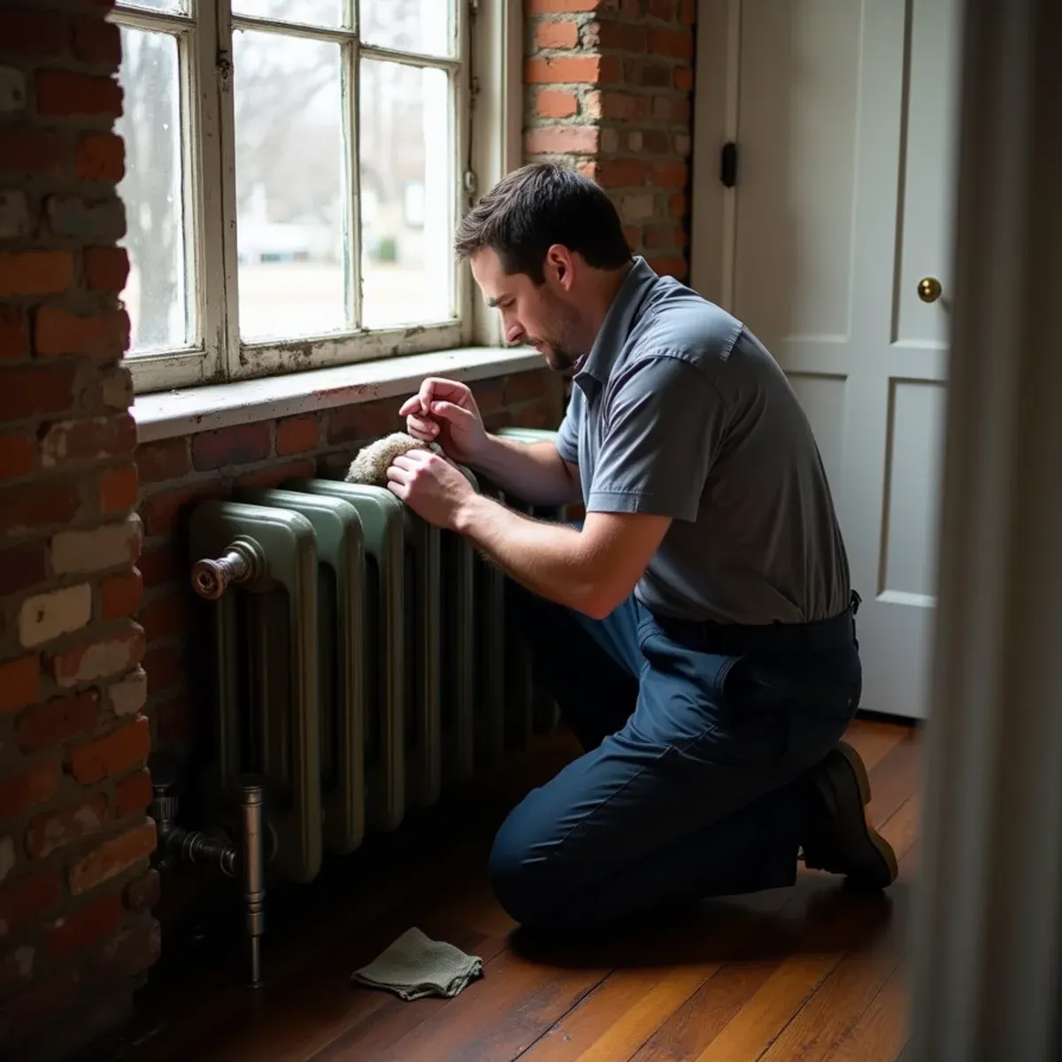 Technician checking a cast iron hot-water radiator in a narrow Swissvale worker house