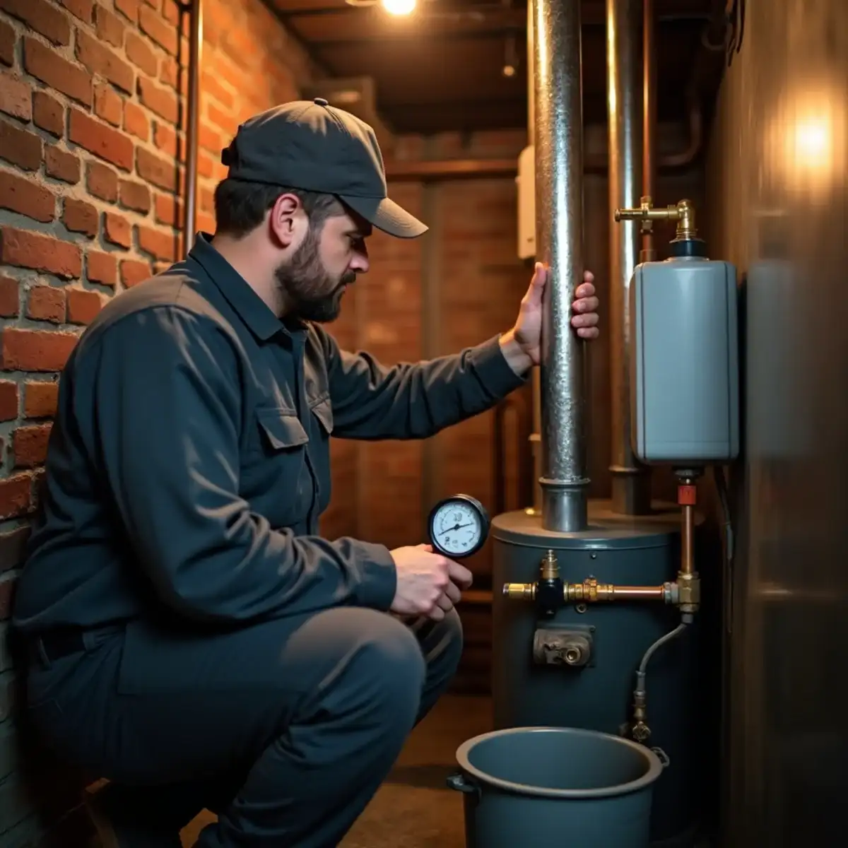 Technician reading the pressure gauge on a hot-water boiler with an expansion tank in a Swissvale, PA basement