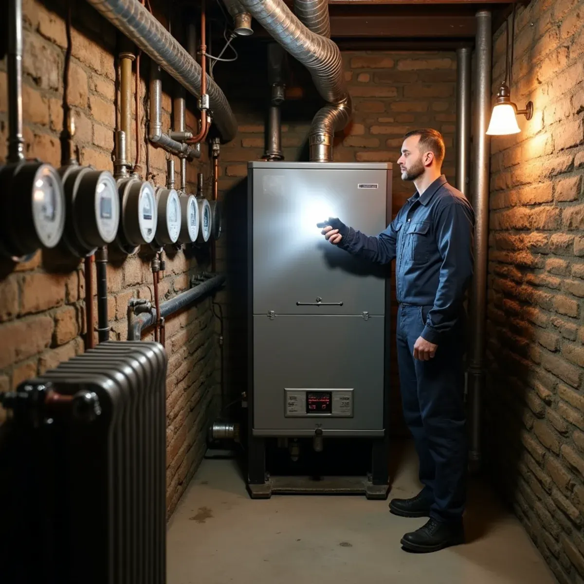 Technician checking the boiler in the basement of a converted Wilkinsburg apartment house, a row of gas meters on the wall