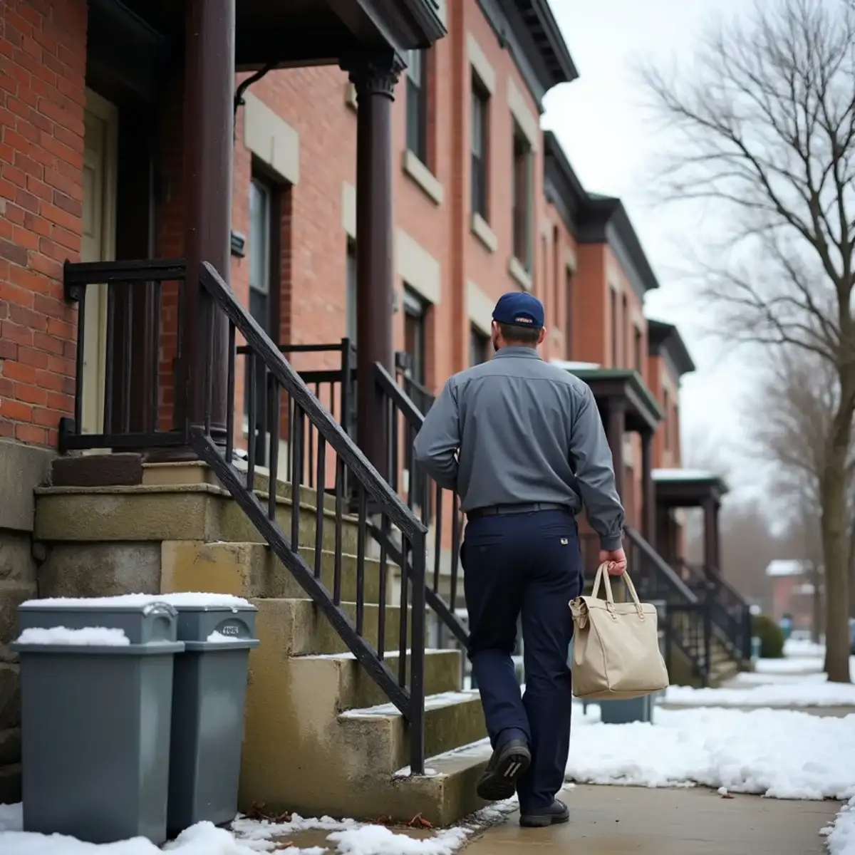 Technician carrying a tool bag up the porch steps of a large early-1900s house divided into apartments in Wilkinsburg, PA
