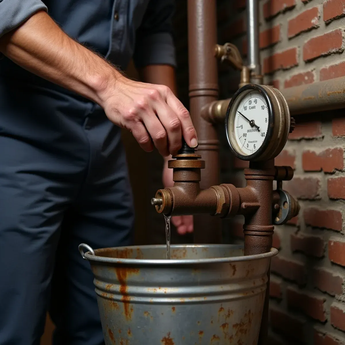 Technician flushing a float-type low-water cutoff beside the sight glass on a Pittsburgh steam boiler