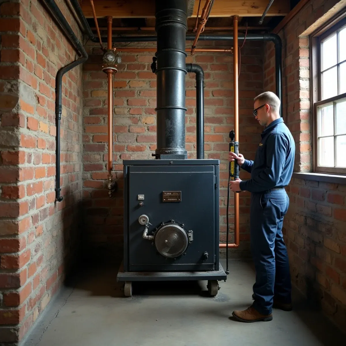 Technician checking the near-boiler piping on a cast iron steam boiler in a Pittsburgh basement