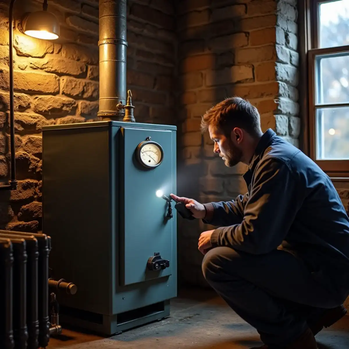 Technician reading the sight glass on a cast iron steam boiler in a Pittsburgh basement